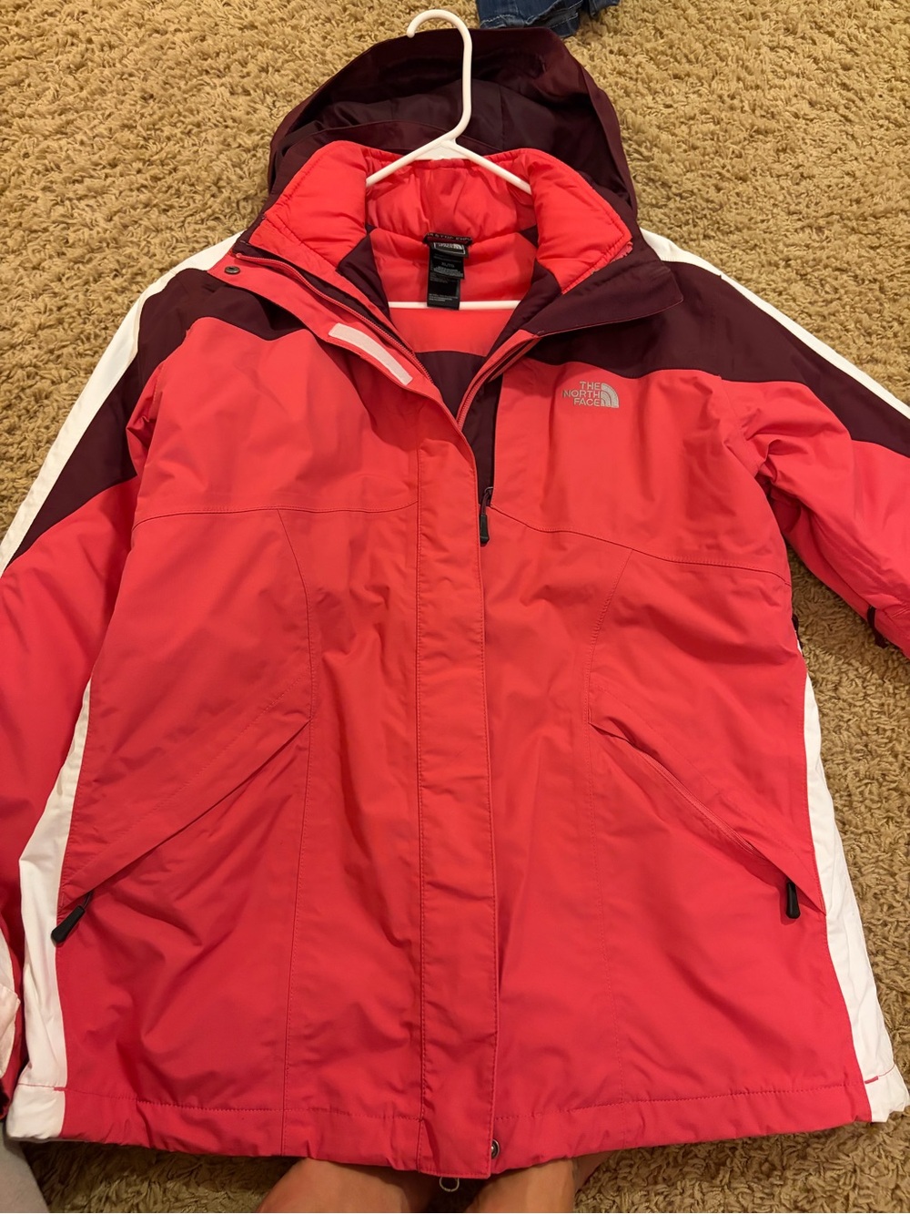 The North Face Women's Coral Pink and Burgundy Hooded Ski Jacket